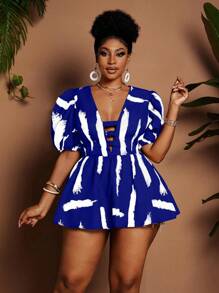 Maweii Plus Size V-Neck Puff Sleeve Printed Elegant Blouse - Blue - View 4