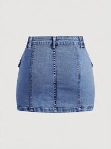 SHEIN MOD 女式夏季休闲街头翻盖口袋牛仔迷你裙 - 深色水洗藍 - 查看 2