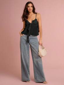 Enchnt 女式纯色细肩带 V 领无袖荷叶边下摆背心，夏季时尚