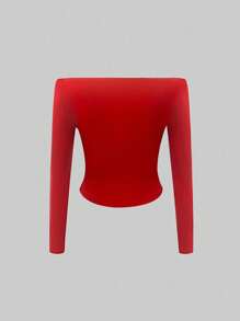 SHEIN Privé Women's Solid Color Off-Shoulder Long Sleeve Slim Fit T-Shirt, Red Top, Casual Everyday Wear