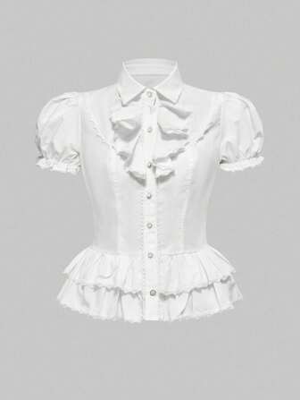 Kawaii Plus Size Women Solid Color Patchwork Ruffle Hem Short Puff Sleeve Fashion Blouse