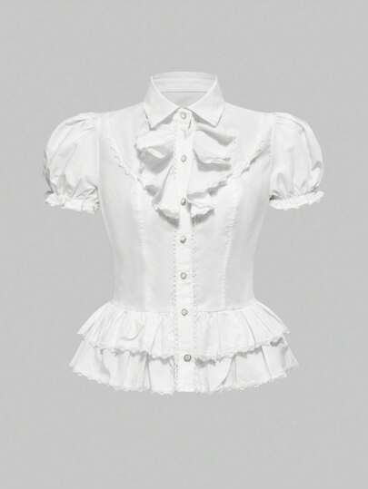 Kawaii Femmes grande taille Blouse mode volants ourlet Top de couleur unie patchwork manche courte bouffante