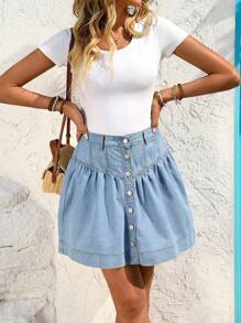 EMERY ROSE Plus Size Women Casual Vacation Style Front Button Denim Mini Skirt - Light Wash - View 3