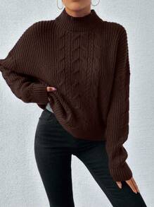 EURMUSE 女士纯色高领休闲麻花针织落肩毛衣 - 棕色 - 查看 3