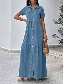 EURMUSE Women's Fashion Vacation Casual Button Front Short Sleeve Denim Dress - Light Wash - View 5