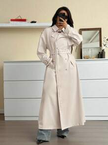 SHEIN EZwear 大码休闲通勤纯色双排扣风衣 - 杏色 - 查看 5
