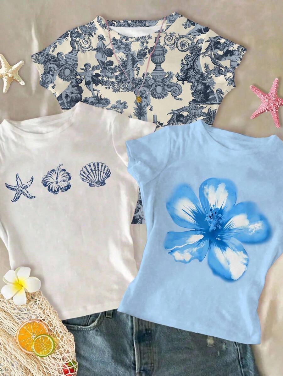 青少年女孩修身休闲简约法国蓝色天使雕像，花卉印花，清凉度假热带蓝色水彩花卉，蓝色贝壳定位印花，3 件套青少年女孩修身休闲舒适圆领贴身长袖 T 恤套装适合夏季 - 彩色 - 查看 1