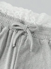 Girlism Pantalones de chándal holgados para adolescentes con remate de encaje y cintura elástica, pantalones casuales básicos lisos de color gris claro para la escuela, el hogar y el ocio