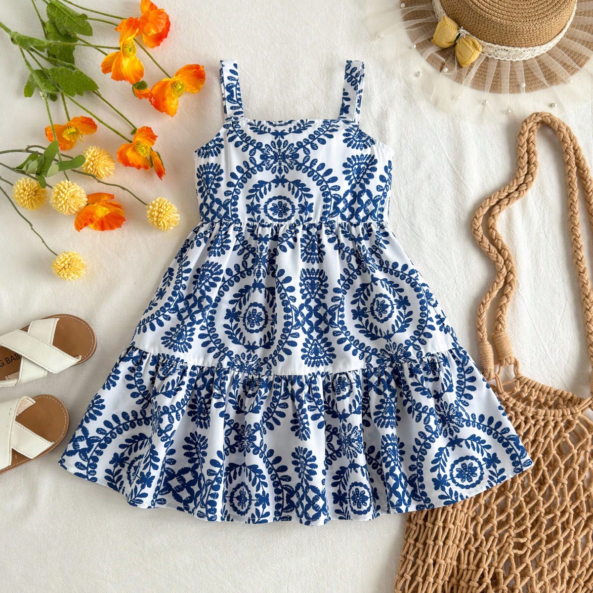 Vestido de verano para niña adorable con estampado floral y volantes en el bajo