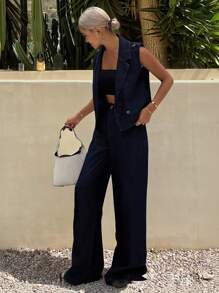 Livesso 女士翻领马甲和阔腿牛仔裤休闲牛仔套装，秋季服装 - 藍色 - 查看 3