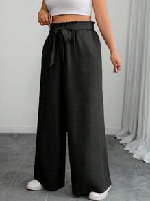 SHEIN PETITE Pantaloni larghi e morbidi da donna, in tinta unita, con tasche e nodo decorativo, taglie comode - nero - Visualizzare 3