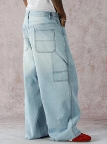 Manfinity ZONE917 Quần Jeans Xanh Chống Nhăn Phong Cách Đường Phố Thường Ngày Cho Nam, Dáng Rộng, Nhiều Túi, Chống Trơn Trượt, Bền, Đa Năng Cho Mọi Mùa - Rửa nhẹ - Xem 4