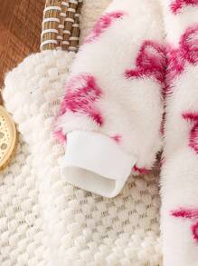 SHEIN 女婴粉色毛绒蝴蝶结长袖连体衣，秋冬款 - 彩色 - 查看 6