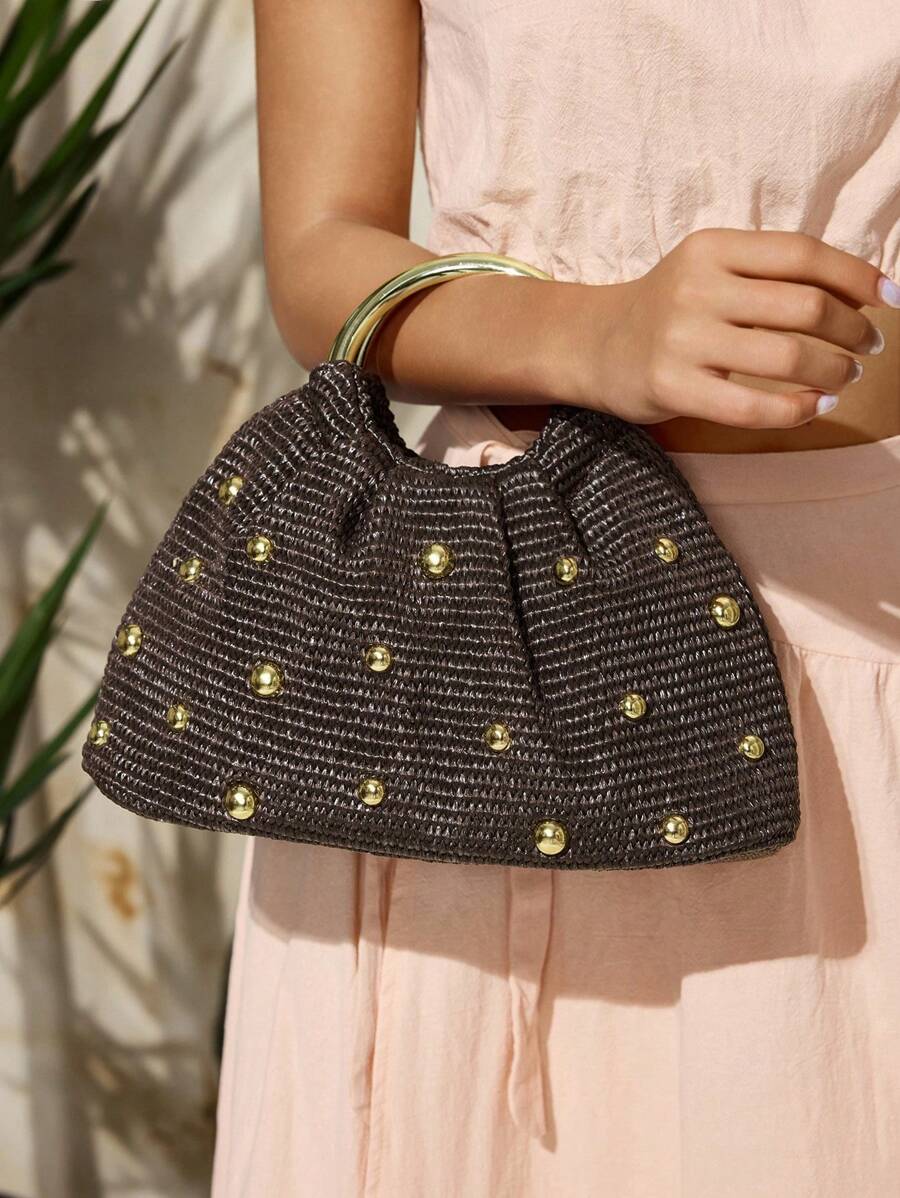 SHEIN SXY 女士，女式手提包，草编包，时尚，优雅，简约，个性化，多功能，经典，金色铆钉，适合约会，日常，购物，下午茶，海滩，度假，节日，夏季，海边 - 咖啡 - 查看 1