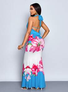 SOLERSUN Elegantes Damen Urlaubskleid mit Blume Muster, Raffung am Ausschnitt, rückenfreiem Schnitt und Meerjungfrauensaum