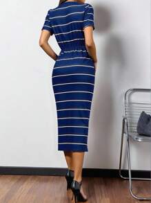Pariaura Striped Tie-Up Midi Casual Simple Dress For Women - Navy Blue - View 2