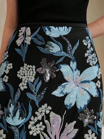 Anewsta Kadınlar İçin Şık Moda Boncuklu İşlemeli Midi Etek