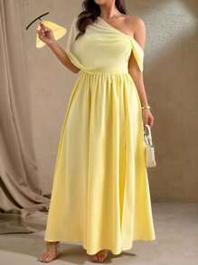 Roveilla 大码女式优雅纯色半透明雪纺露背长裙，适合通勤、办公室、夏季、生日派对、商务宴会、休闲派对 - 黃色 - 查看 4
