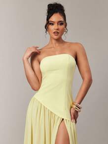 Silquee 春夏奶油黄无袖抹胸上衣，精致重工编织缝线，优雅超长女装 - 淡黃色 - 查看 5