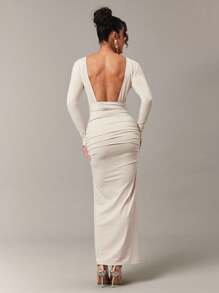 Silquee 女士优雅纯色褶皱长袖连衣裙，简约设计 - 卡其色 - 查看 2