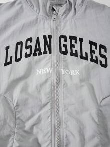 SHEIN 青少年男孩休闲日常字母印花拉链连帽夹克 - 灰色 - 查看 6