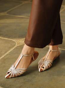 Rosivie 2025 新款女士镂空编织罗马凉鞋，时尚平底封闭式趾带休闲沙滩鞋 - 金色 - 查看 8