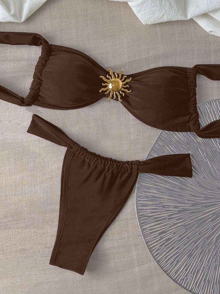 Swim Chiccia Solid Color Triangle Cup Metallic Sun Decoration Bikini Set For Summer Beach Vacation - Coffee Brown - View 1