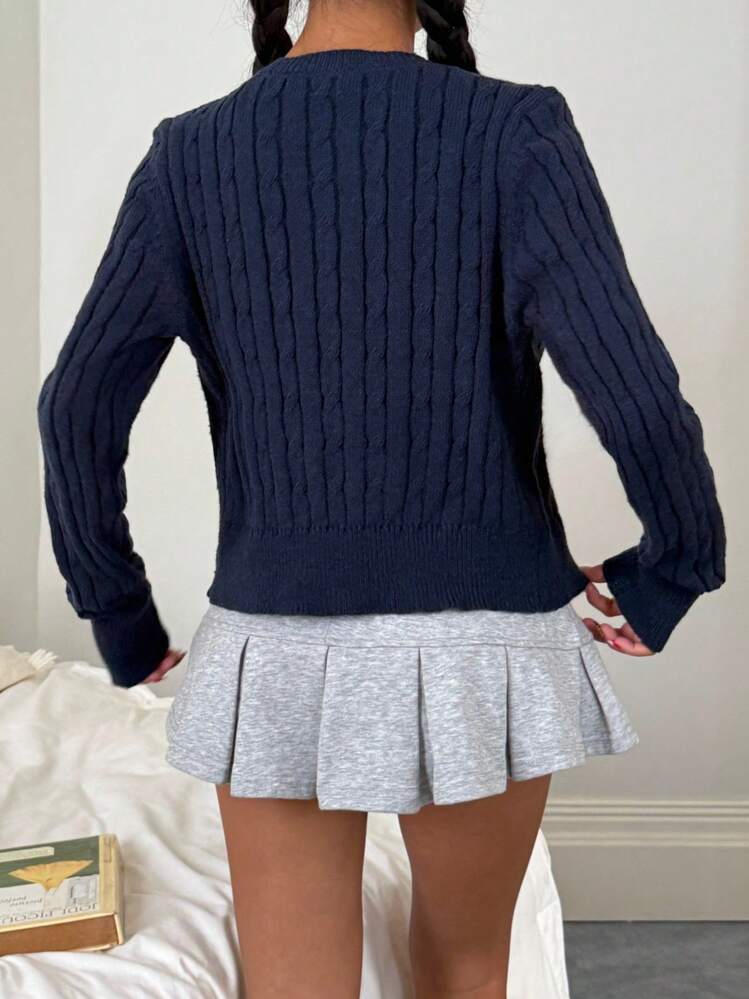 Teen Girls Royal Blue Casual Solid Color Round Neck Long Sleeve Loose Cropped Cardigan Sweater, Warm Comfort, Cozy Chic, Daily Commute,Suitable For Autumn And Winter Blue Sweater Navy Blue Sweater Cable Knit Cardigan Star Cardigan Navy Blue Cardigan Blue Cardigan Sweater Women Navy Cardigan Navy Blue Button Cardigan Sweaters For Teen Girl Sweater Cardigan Fall - Royal Blue - View 2