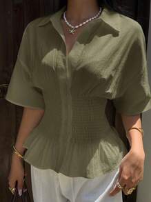 SHEIN EZwear 橄榄绿色梭织褶腰休闲短袖女衬衫 - 軍綠色 - 查看 8