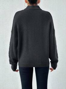 EURMUSE 女式纯色休闲高领麻花针织落肩毛衣 - 深灰色 - 查看 2