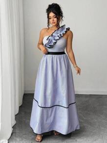 Elenzga Plus Size Women 2-Piece Set:Ruffle Trim Asymmetric Shoulder Jumpsuit & Black Splicing Skirt,Light Blue,Summer,Curve,Elegant,Cocktail Party Vacation - Multicolor - View 4