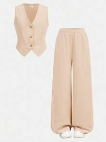 Firerie Kids Firerie Kids 2pcs Tween Girls Casual Blazer Vest And Wide Leg Pants Suit, Loose And Comfortable For Daily Commute