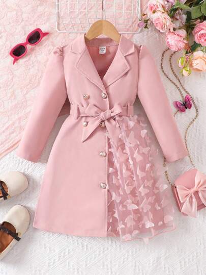 SHEIN Elegant Young Girl Jacket With Collar, Long Sleeves, Belt, Butterfly Mesh Pattern On Left Side, Charming And Beautiful Gift Choice Girls Dress Coat Butterfly Dress For Girls Pink Dress Coat For Girls Girls Long Sleeve Dress Little Girl Dress Coat Long Sleeve Dress For Girls Girls Coats,In Fall/Winter