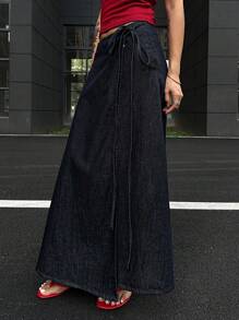 DAZY Váy maxi denim nữ kiểu dáng thường ngày, thắt nơ, váy maxi denim màu xanh đậm, váy thường ngày, váy maxi denim, váy denim dài, váy jeans, váy maxi nữ, váy quấn. - Màu xanh lam - Xem 2
