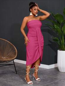 Slaydiva 新款春夏休闲度假抹胸上衣，正面和中间采用重叠褶裥设计，弧形下摆，前短后长，黄色竖条纹纹理女式加大码长裙 - 玫紅色 - 查看 3