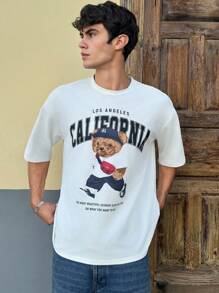 Manfinity Joysei Men White Knit Round Neck Short California Letter Graphic Sleeve T-Shirt, Boyfriend Gift, For Going Out