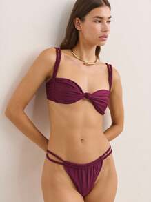 Nöista Purple Bikini Set,Summer Beach Vacation Holiday Casual Dark Plum Twisted Knot Bandeau Top Adjustable Straps Matching Low-Rise Bottoms Quick-Dry Fabric - Purple - View 3
