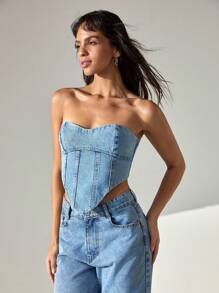 CLARA VERO Woman Back Lace Detailed Strapless Denim Top Denim Two Piece Outfits Denim Tube Top Jean Tube Top Denim Corset Top Jeans Top - Medium Wash - View 5