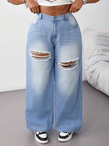 SHEIN Tall CURVE Plus Size Summer Fall Clothes Autumn Clothes Back To School Homecoming Cute 2000s Style Kawaii Y2k Airport For Women Modest Old Money Tulum Women's Casual Loose Distressed Wide,Leg Blue Jeans Ripped Jeans Wide Leg Pants Woman Baggy Jeans