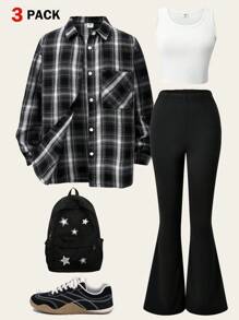 SHEIN Explorewe 少女三件套 - 包含优雅格子衬衫、简约长袖衬衫、吊带背心和喇叭针织裤。复古时尚风格，适合春秋季节通勤和日常穿着 - 黑色 - 查看 5