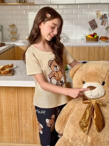 SHEIN 2pcs/Set Cute Bear Print Short Sleeve Top And Long Pants Pajamas Set For Girls