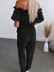 INAWLY Bộ đồ liền thân xếp ly hở vai tay ngắn màu trơn đơn giản dành cho nữ - màu đen - Xem 2