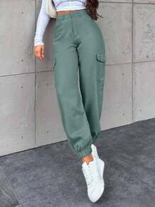 EURMUSE Women's Casual Cuffed Pocket Harem Jeans - Green - View 5