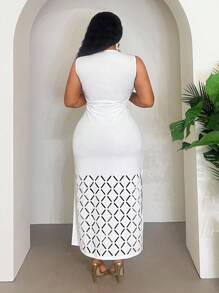 Veslaya 2025 Nouveau Printemps/Été Vêtements pour Femmes Grande Taille Automne/Retour à l'École/Début des Cours/Y2k/Travail/Bureau/Sortie/Vêtements d'Aéroport/Style de Rue/Punk/Décadent/Date de Remise des Diplômes/Vacances Élégantes/Tenue Femme Diplômée/Élégante Combinaison Tout Blanc Col Rond Sans Manches Bas Creux Grille Diamant Moyenne à Longue