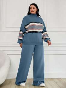 EURMUSE 2 pezzi, Maglione da donna con collo alto e motivo geometrico - blu polveroso - Visualizzare 4