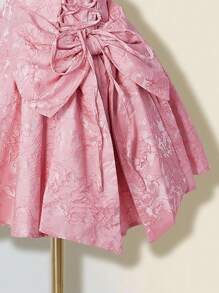 SHEIN ICON Đầm suông dự tiệc trà họa tiết hoa babydoll màu hồng dành cho nữ, váy xòe nơ thanh lịch, không dây, chất liệu jacquard nhún bèo hoa - Hồng - Xem 3