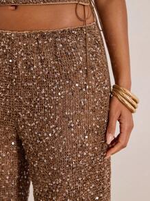 Opulessa Quần ống rộng cạp thấp sequin thời trang dành cho nữ - màu nâu - Xem 5