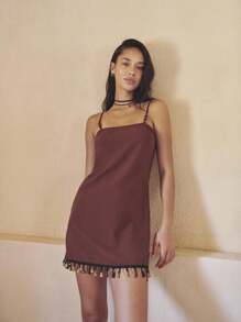 Nöista Earthy Brown Straight-Cut Summer Slip Dress With Thin Straps And Tassel Hem. Lightweight Breathable Fabric Fits Summer Dresses For Women, Summer Outfits For Women, Cute Summer Tops, Women's Summer Clothes, Plus Size Summer Clothes, And Perfect For Vacation Or European Summer Style. Ideal For Casual 4th Of July Outfit Women.
