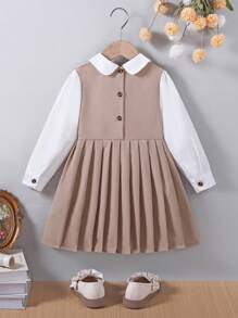 1pc Young Girl Woven Dress, Children Comfortable Khaki Long Sleeve Pleated Dress With Bow And Button Decoration, Fresh And Cute Style Suitable For Autumn, Loose Fit For Various Occasions Like Vacation, Travel, Daily Wear,Back To School Clothes Fall Winter - Khaki - View 2