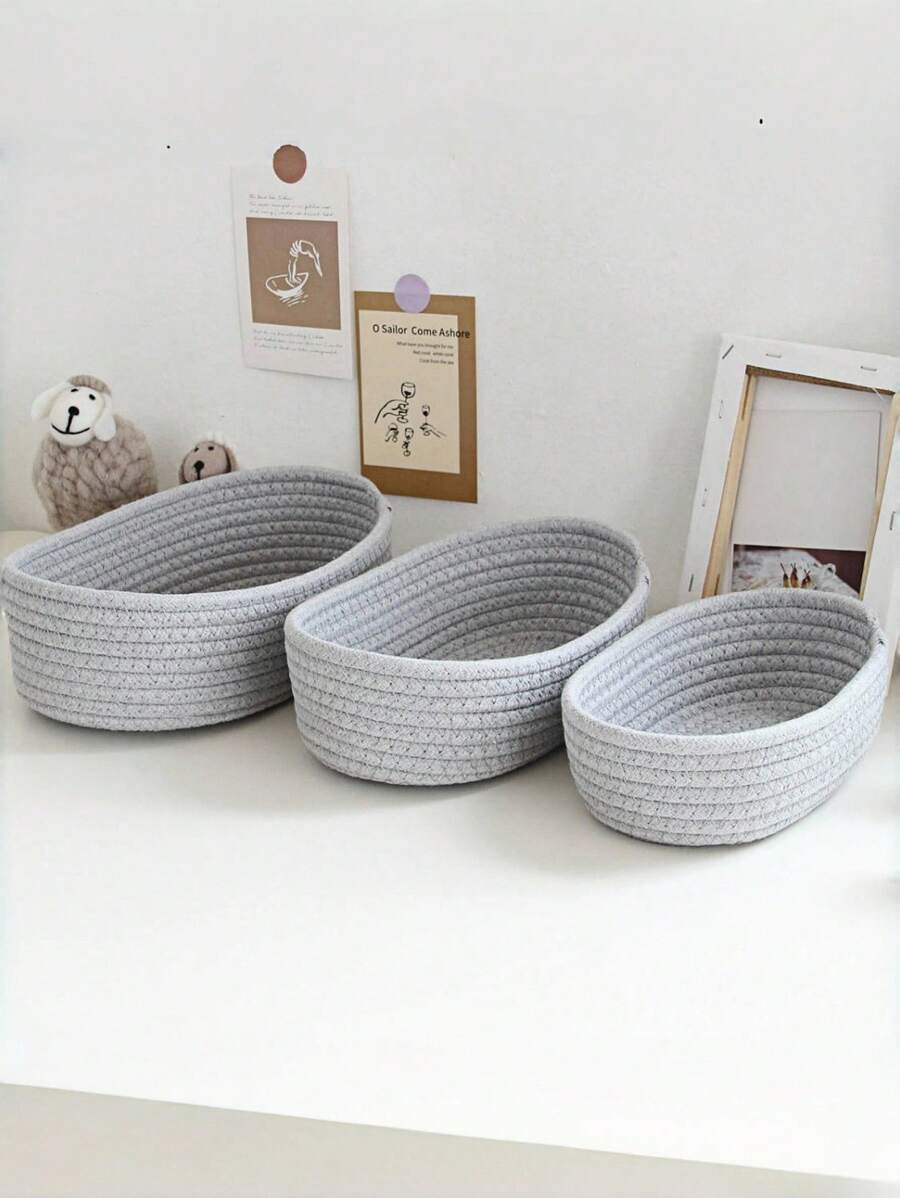 1pc/3pcs Solid Color Desktop Storage Basket ,Rope Woven Baskets For Organizing,Woven Oval Basket Organizer Container,Decorative Desktop Storage Basket ,Cute Mini Tiny Baskets For Cosmetic,Sundries,Stationery,Bathroom Organization Bin(3pcs=S+M+L) - Grey - View 1